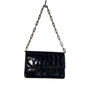 Vintage Womens Clutch Bag One Size Black Croc Embossed Leather Gold Chain